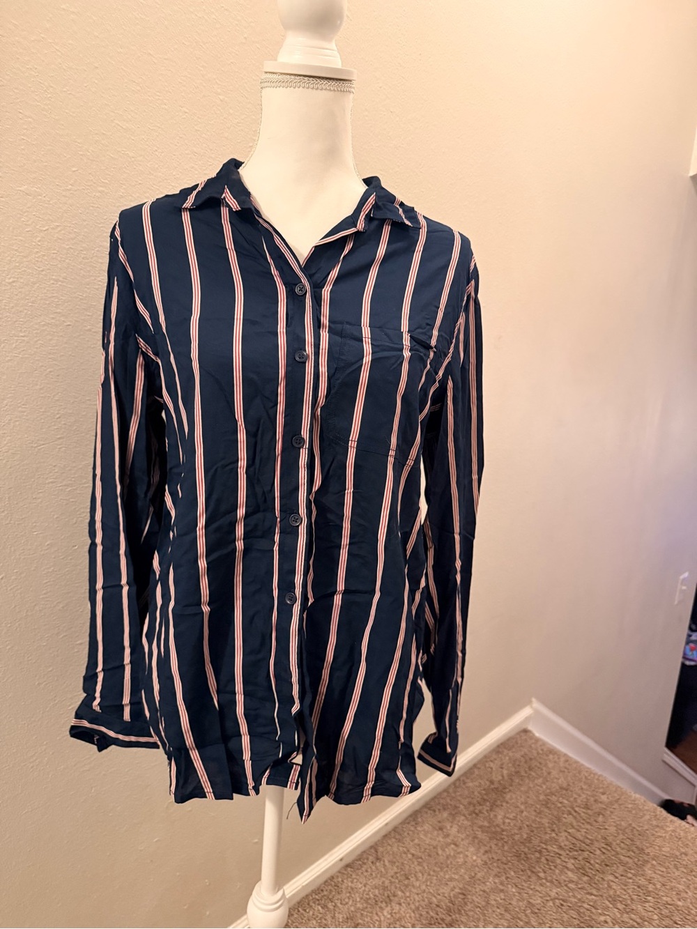 beachlunchlounge Navy Blue Button-Up Blouse with Pink and White Stripes